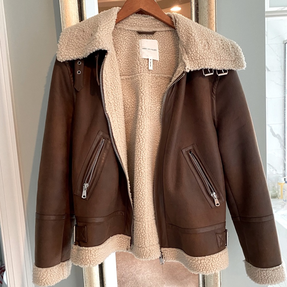 Faux leather fleece lined jacket, removable hood.